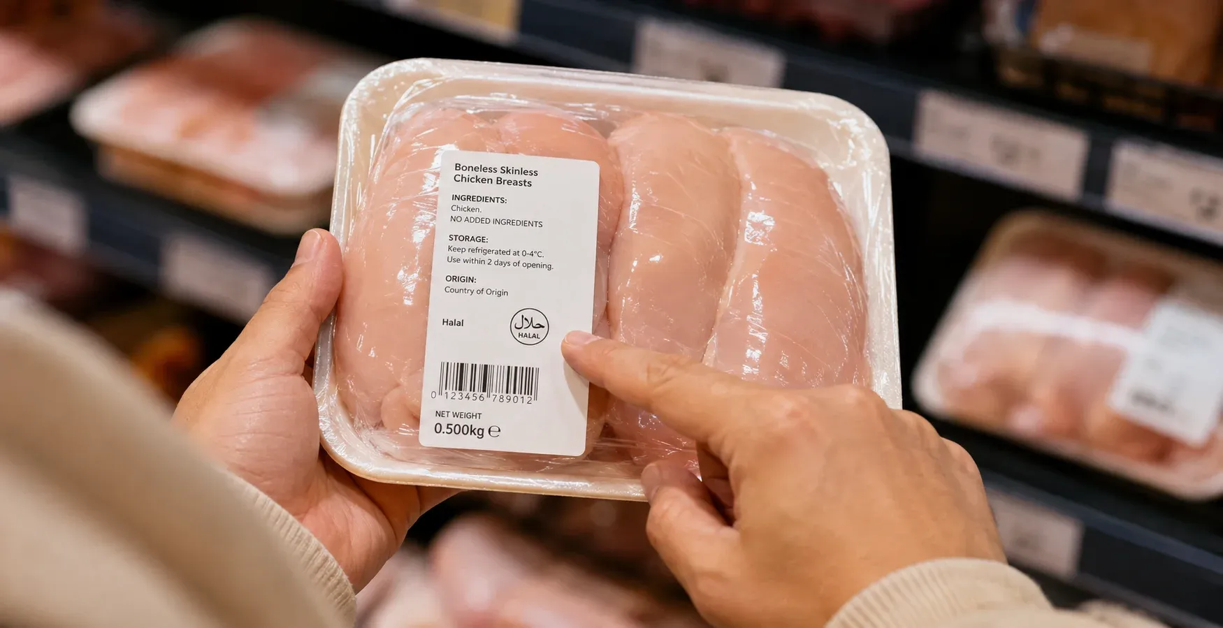 Shopper checking a meat label for a halal mark in a grocery store