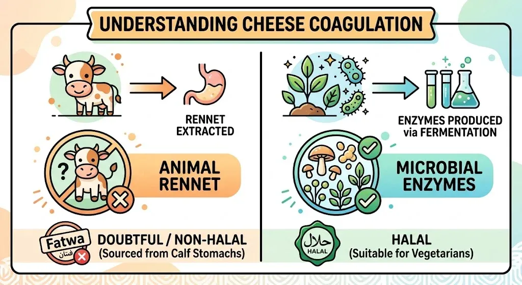Infographic showing the difference between animal rennet and microbial enzymes in cheese production