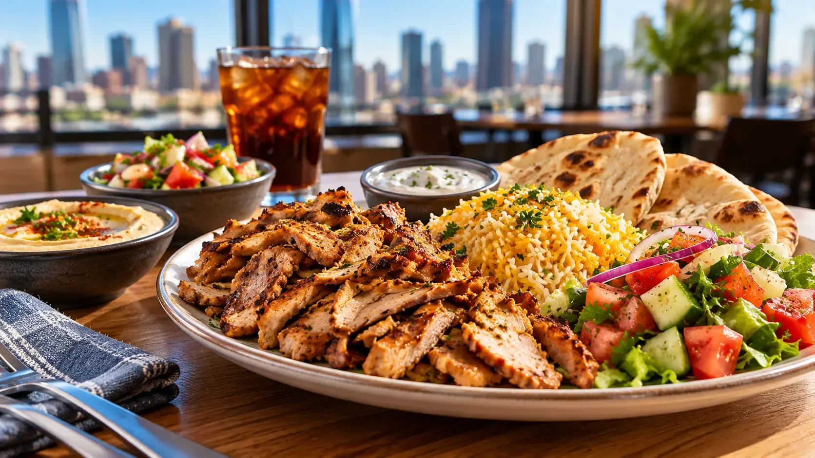 Halal food spread with a shawarma platter, rice and salad on a table in an American city lunch
