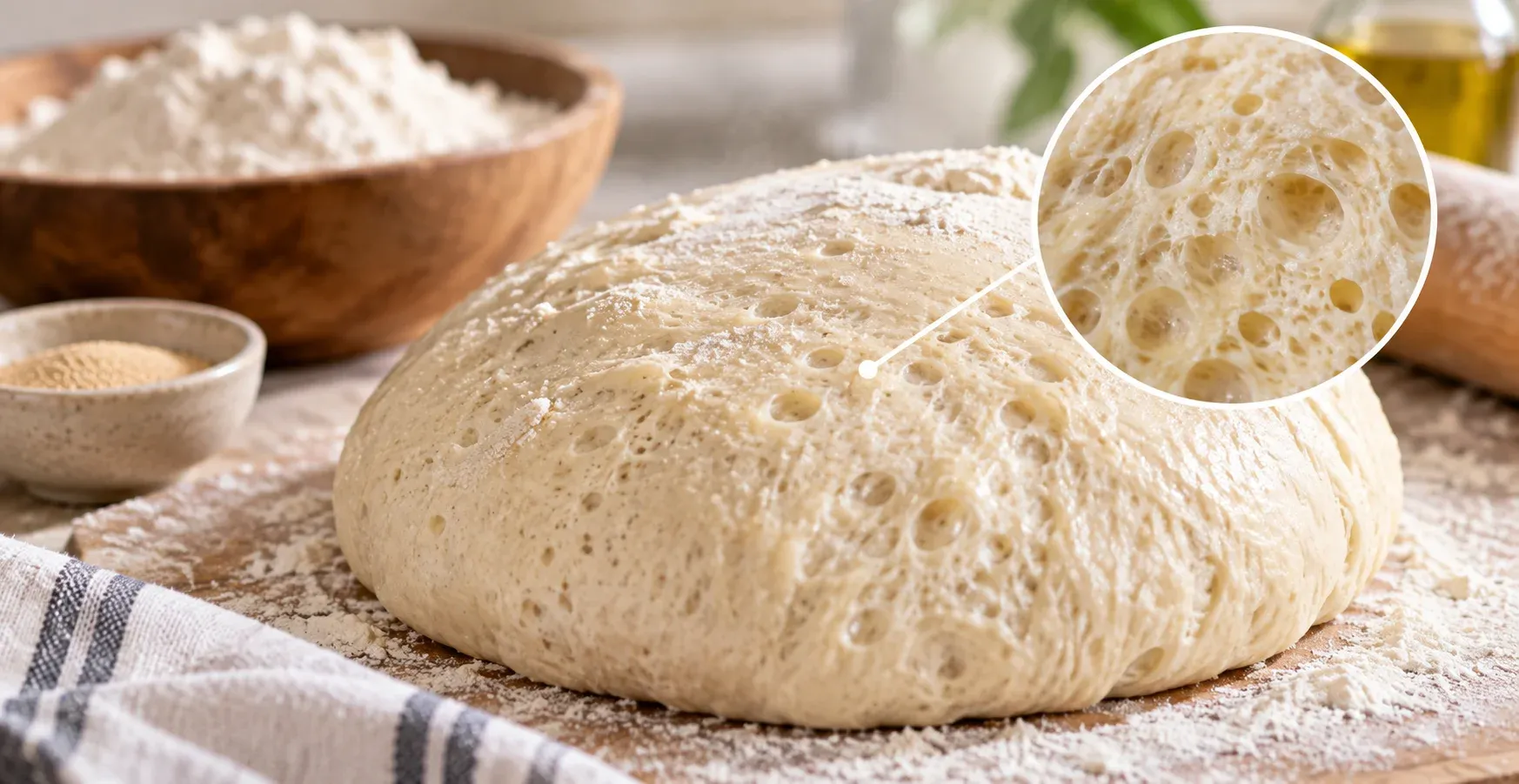 Close up of fresh bread dough showing yeast fermentation bubbles