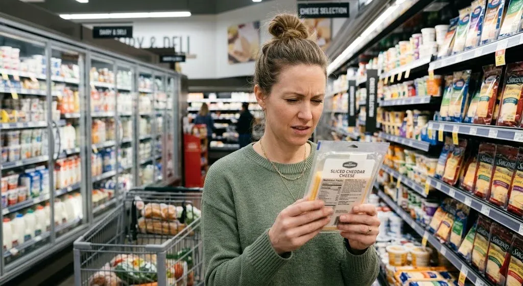 Shopper checking the ingredient label on a package of cheese in a grocery store