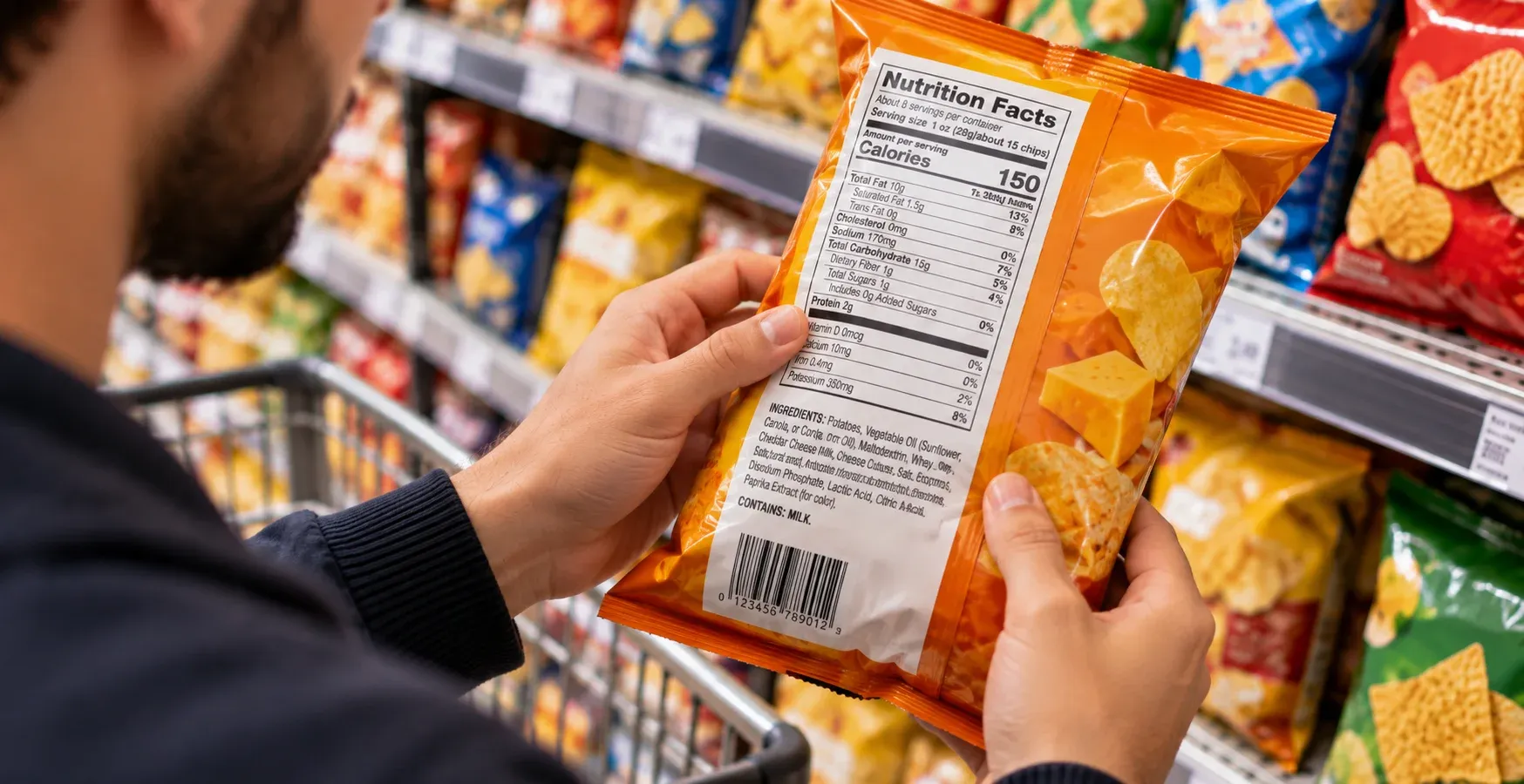 Person holding a bag of cheese-flavored potato chips reading the ingredient list in a grocery store