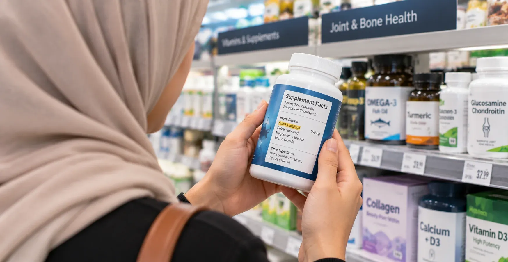 A Muslim traveler examining a dietary supplement bottle in an international pharmacy aisle
