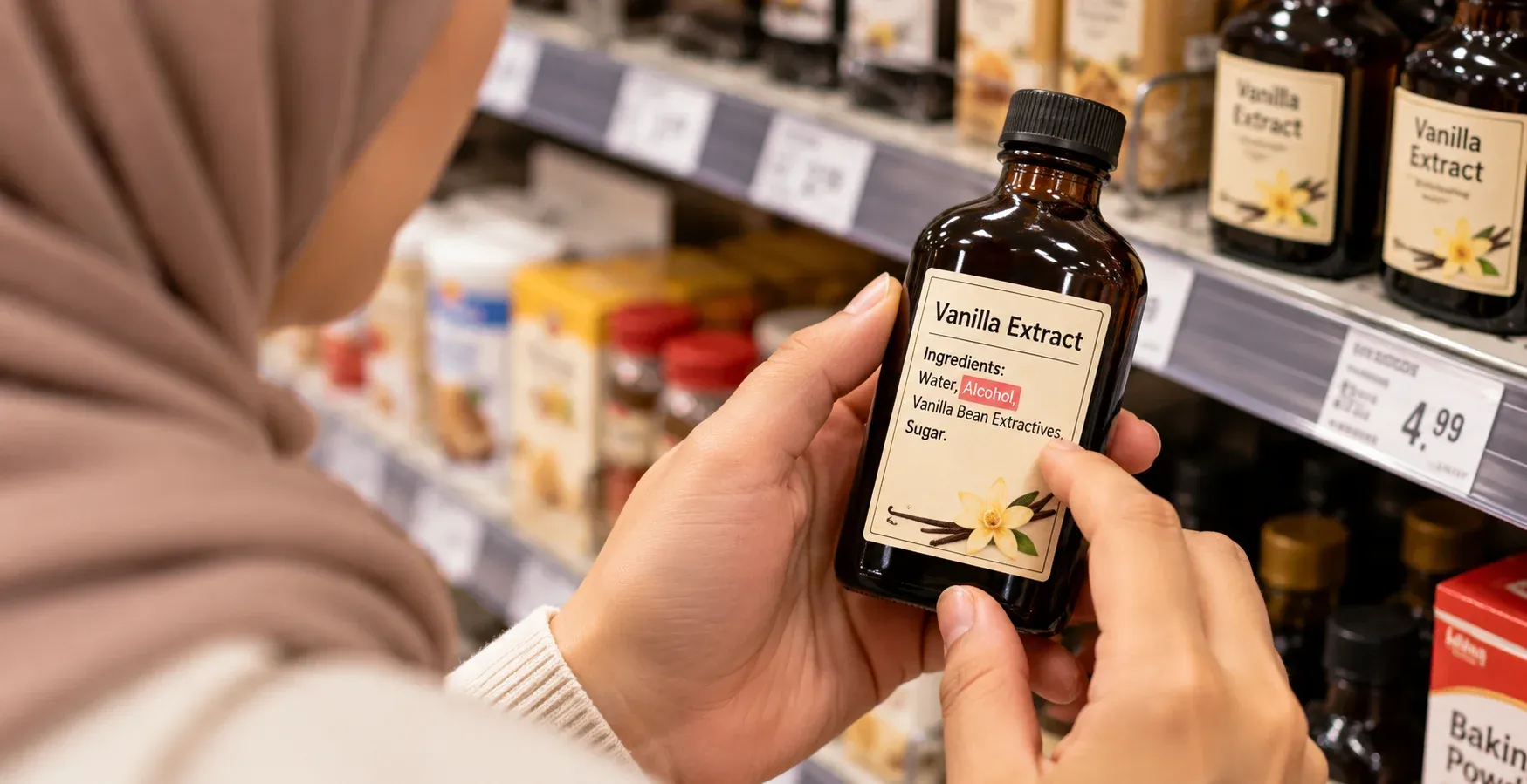 Person reading the ingredient label on a bottle of vanilla extract in a grocery store