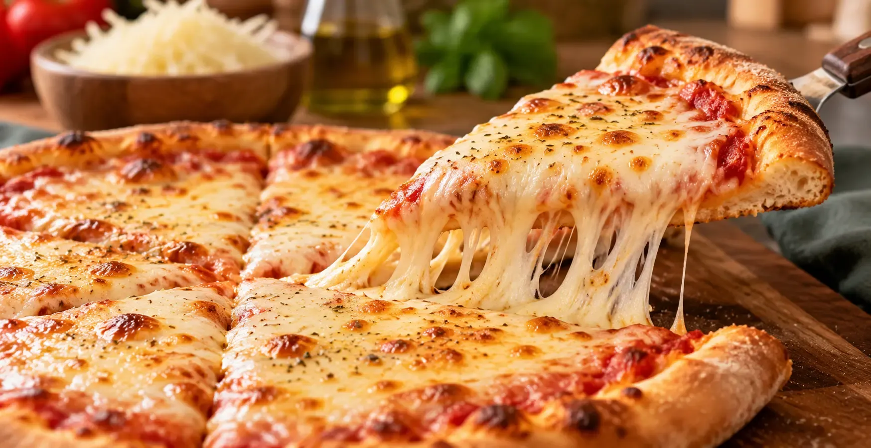 Close-up of a cheese pizza slice showing melted mozzarella