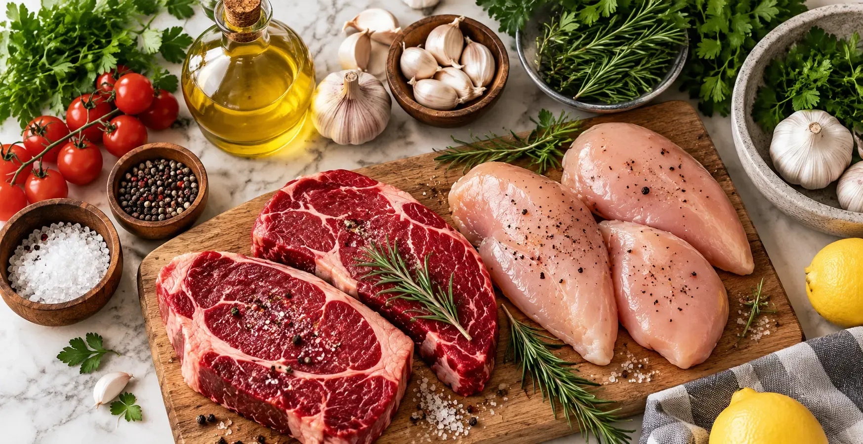 Raw halal meat portions alongside fresh herbs, garlic, and safe cooking oils.