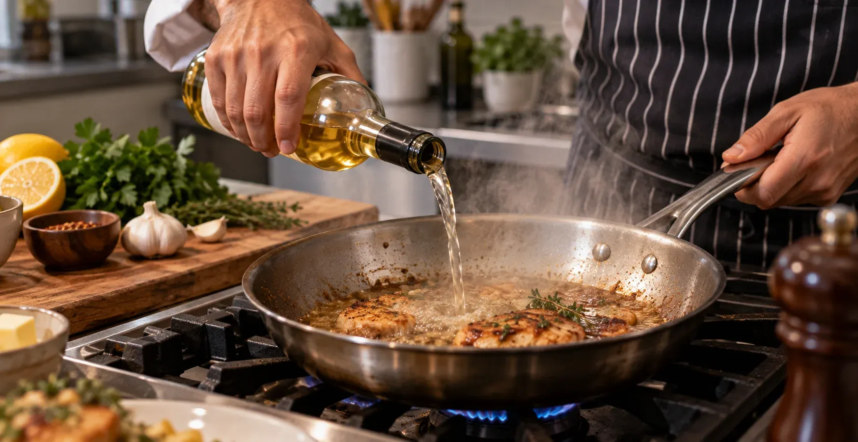 Chef deglazing a hot pan with a bottle of cooking liquor over a stove