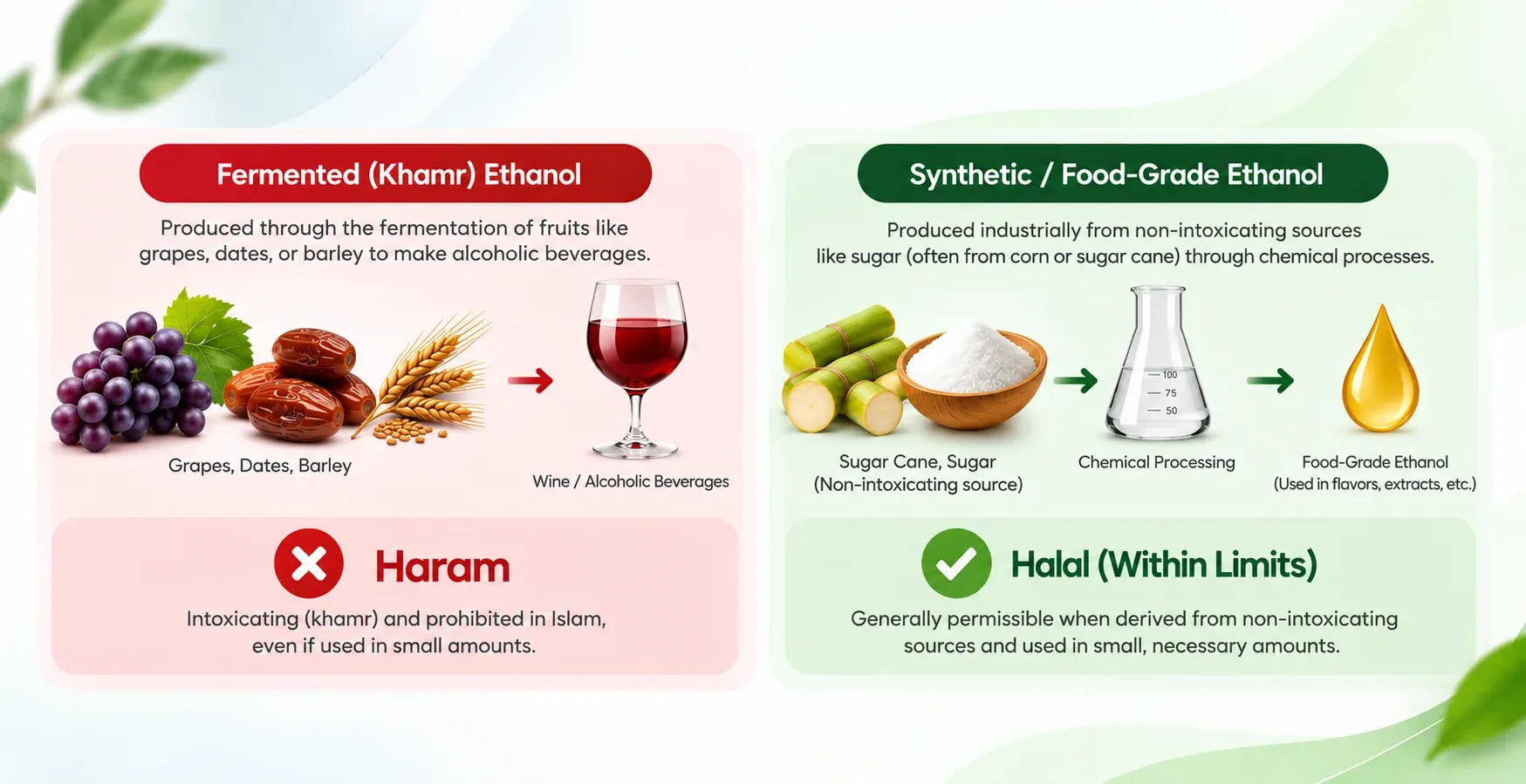 Infographic showing the difference between fermented khamr ethanol and synthetic food-safe ethanol
