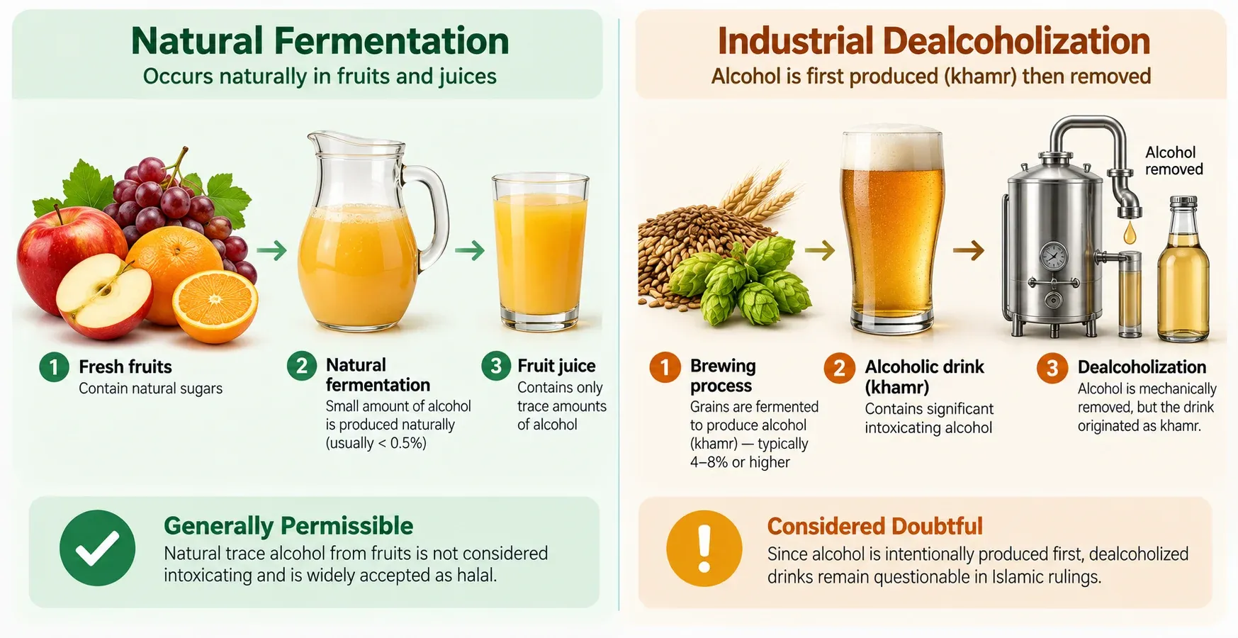 Diagram showing the difference between natural fruit fermentation and industrial dealcoholization