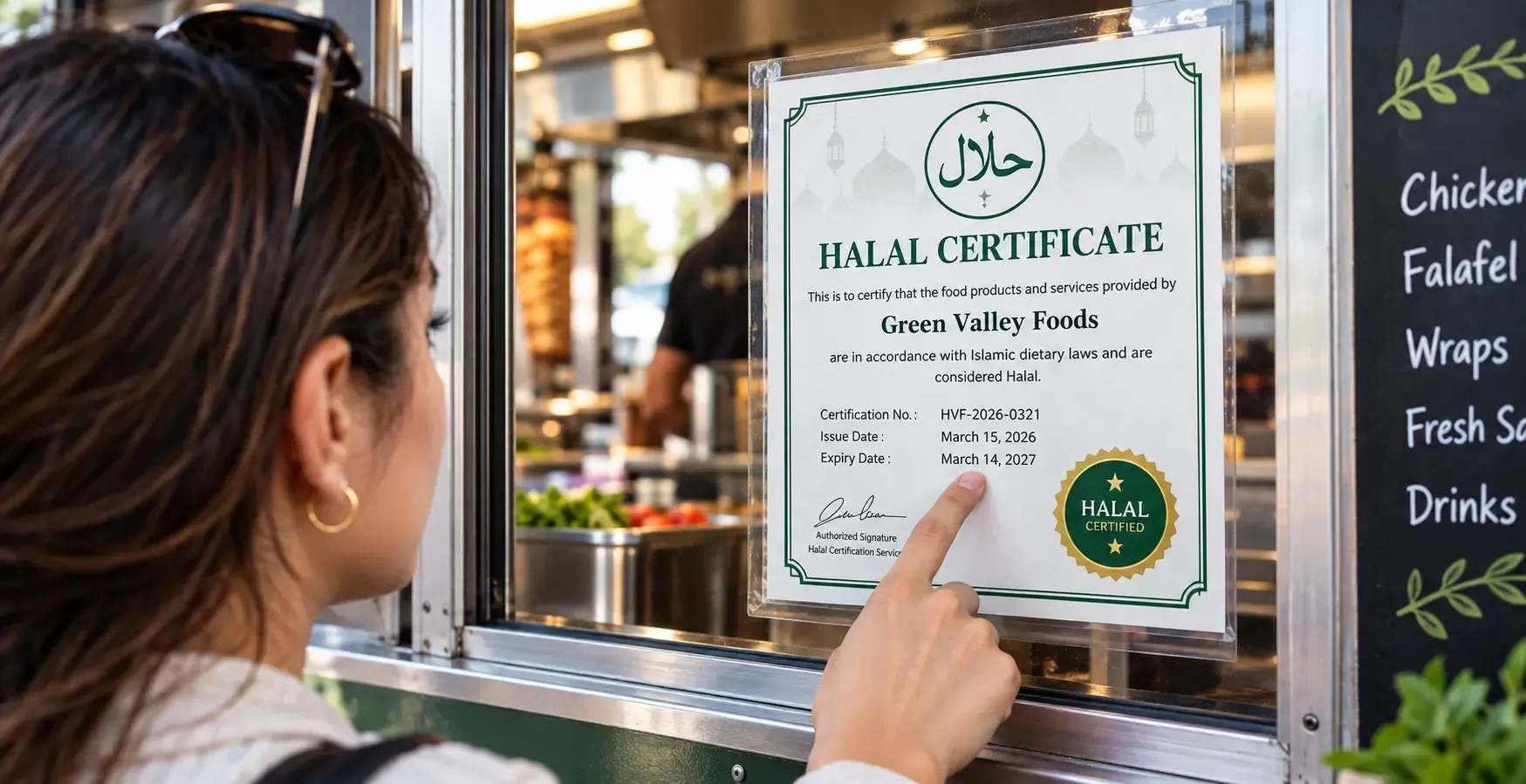 Customer reading a halal certificate taped to a food truck's service window