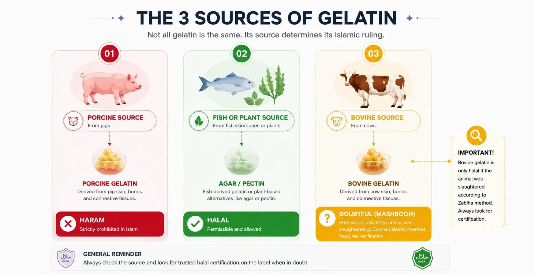 Diagram showing the three sources of gelatin: haram porcine, halal fish, and doubtful bovine without zabiha slaughter