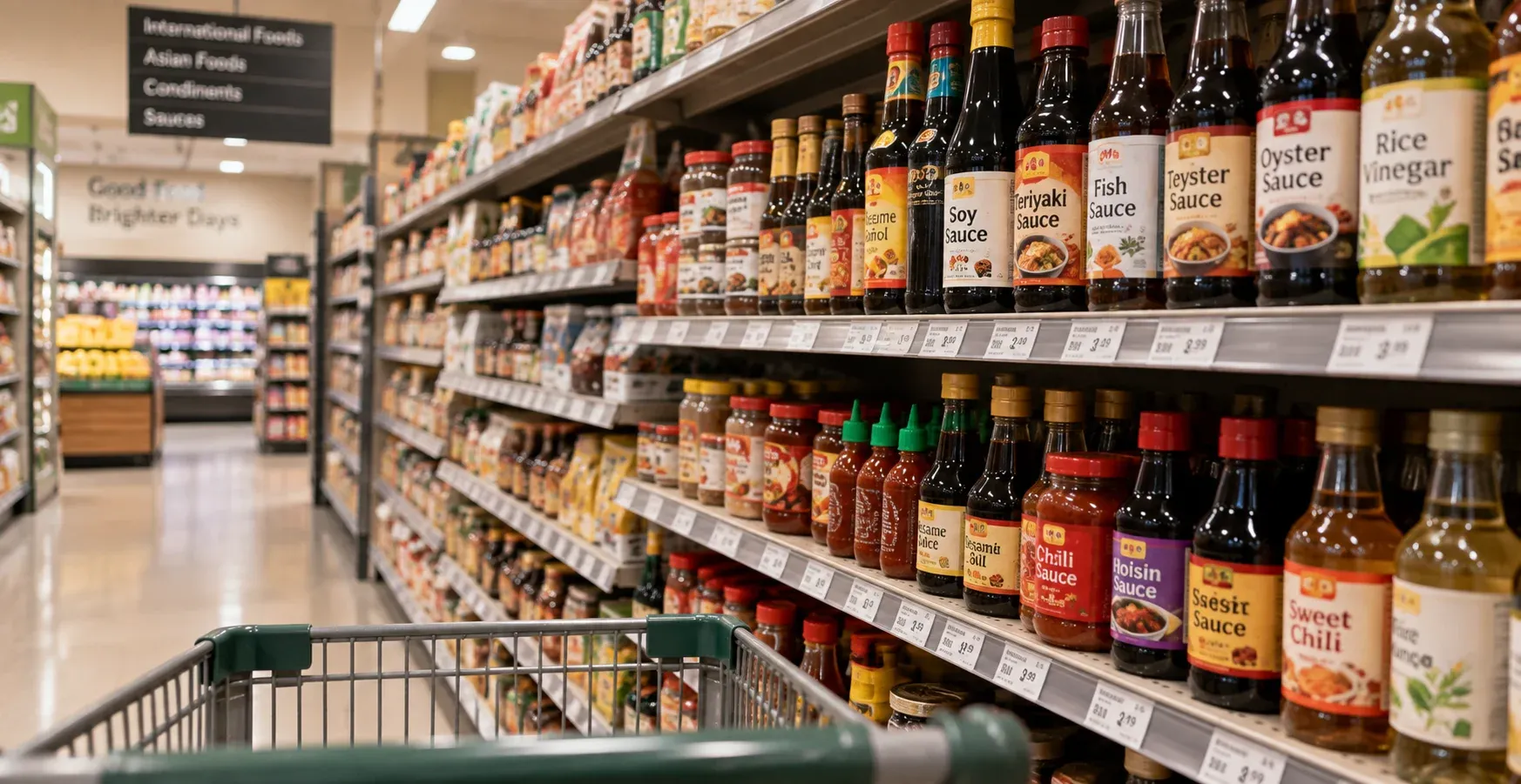 Supermarket shelf filled with various international condiment bottles