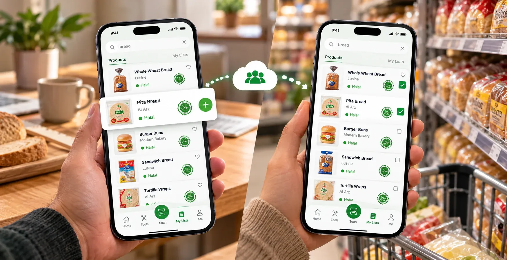 Halal Scanner shared family grocery list showing verified halal bread brands and bakery items on iOS