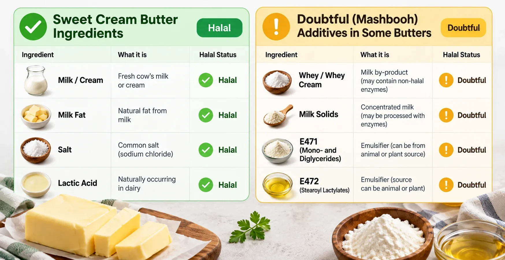 A table comparing sweet cream butter ingredients to doubtful additives like whey cream and E471