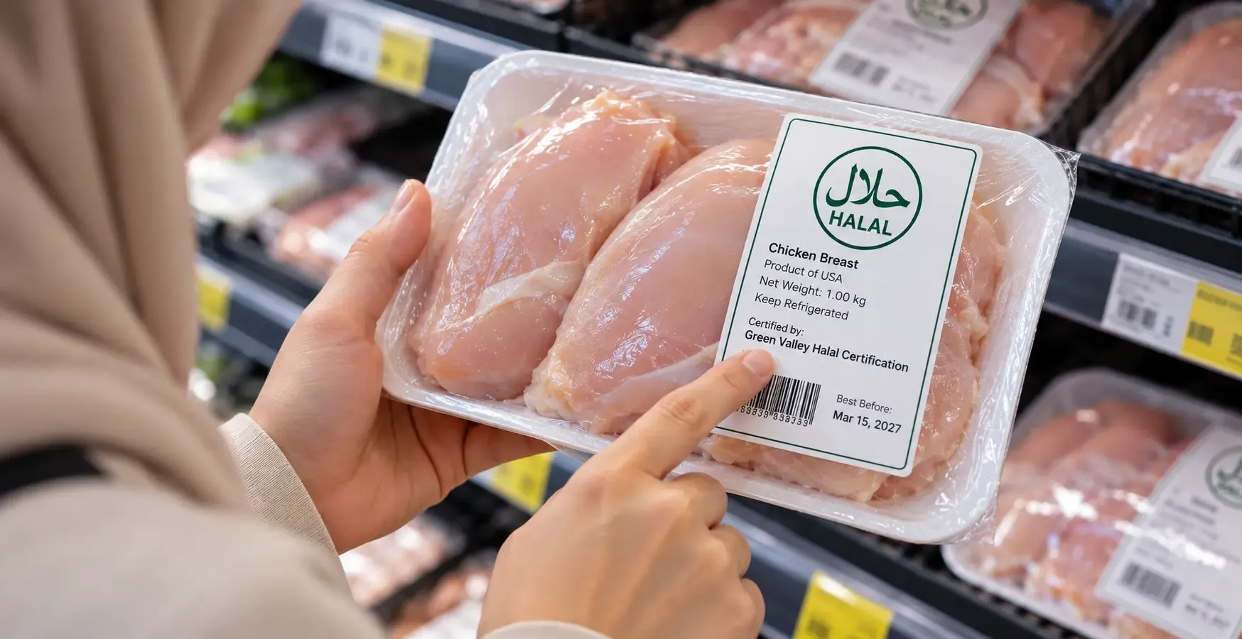 Shopper holding a chicken pack with a generic halal logo, checking the certifier name on the label