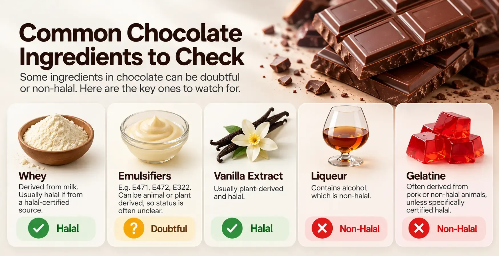 Infographic of chocolate ingredients to check: whey, emulsifiers, vanilla extract, liqueur and gelatine