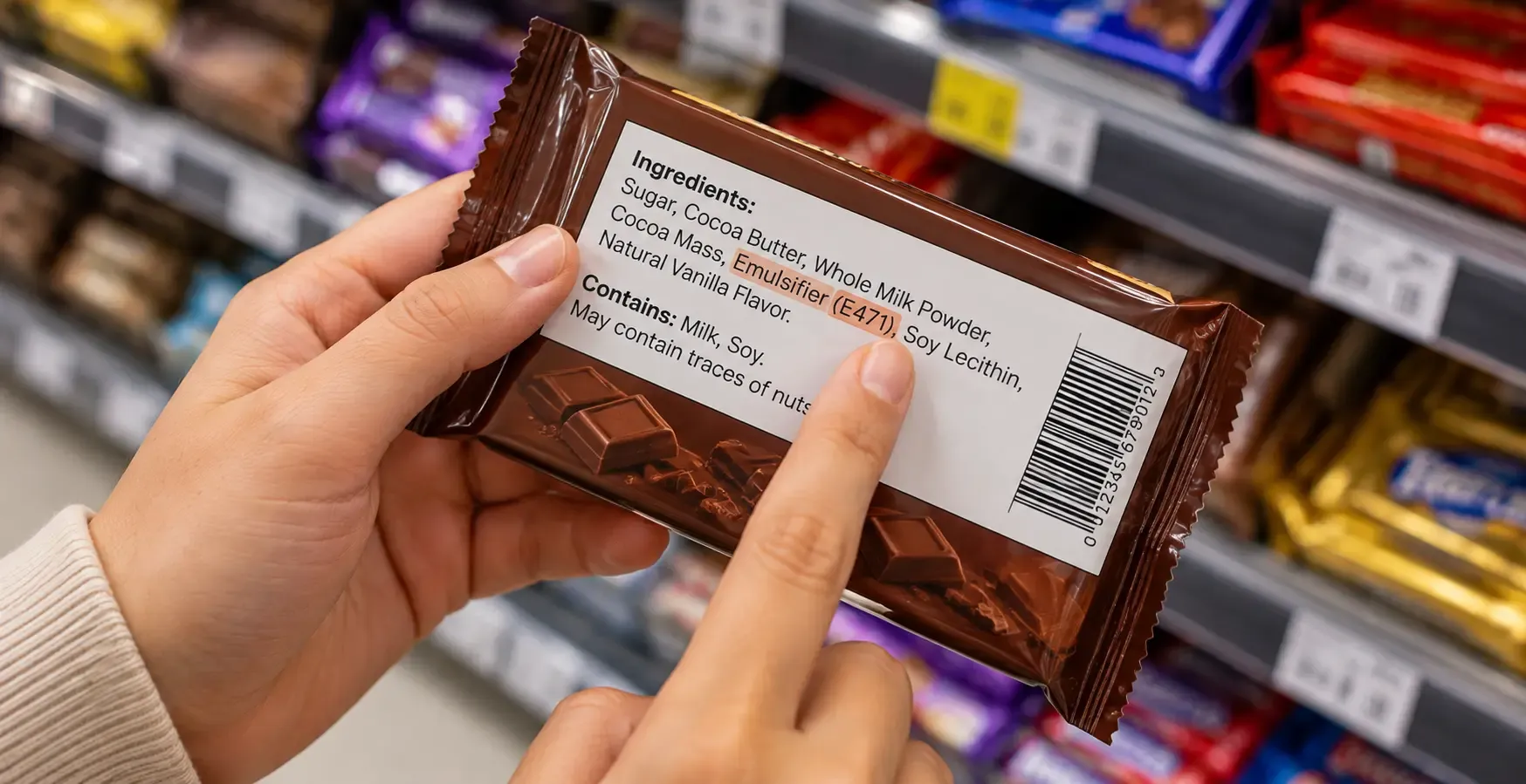 Shopper reading the ingredient list on a milk chocolate bar in a US store aisle