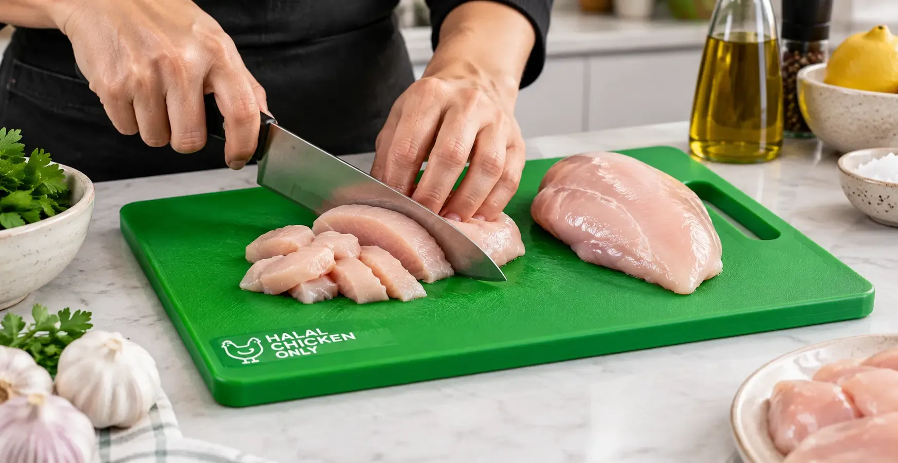 A dedicated green cutting board used strictly for preparing halal chicken at home.