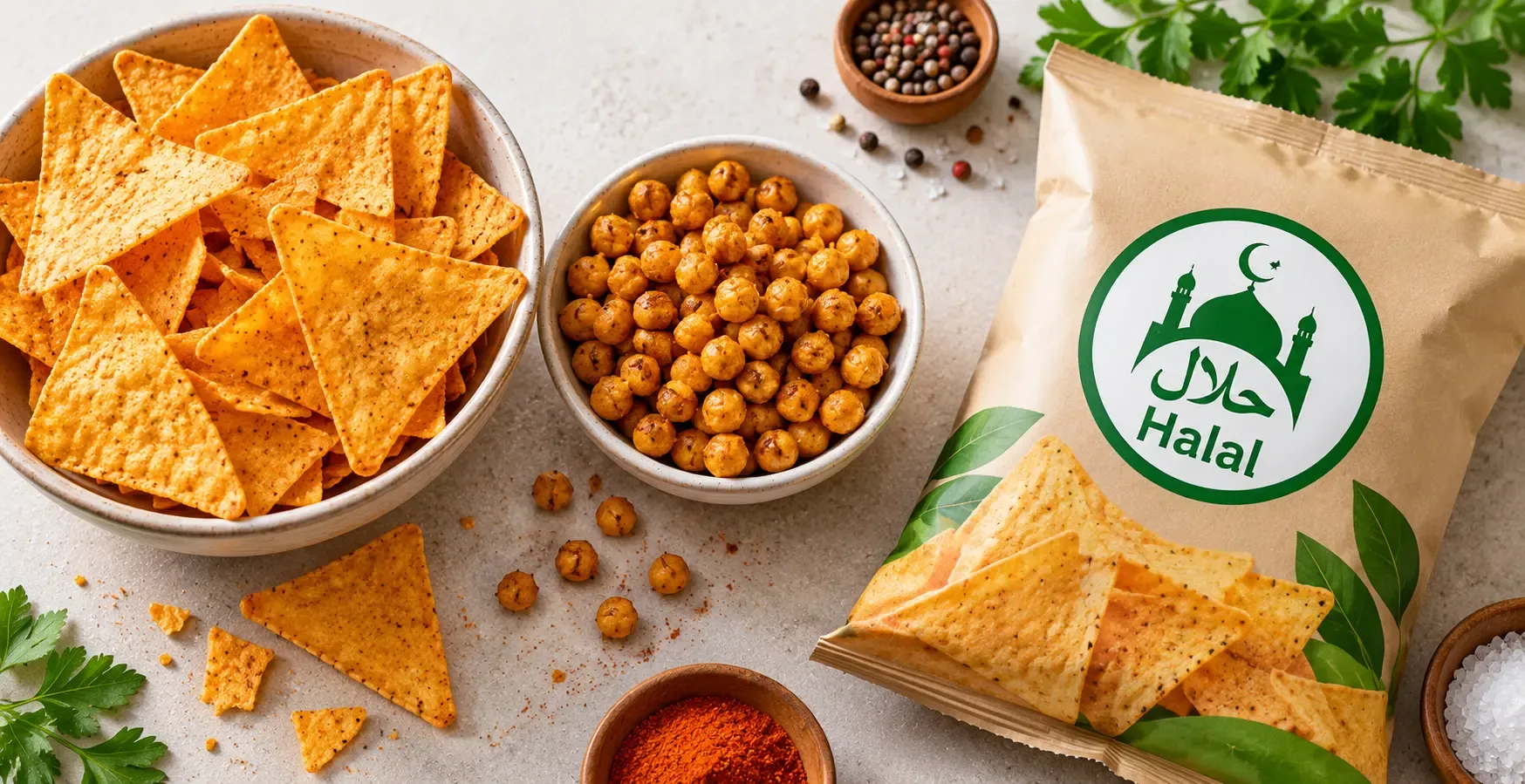 Plain tortilla chips, crunchy chickpeas and a bag with a halal logo laid out side by side
