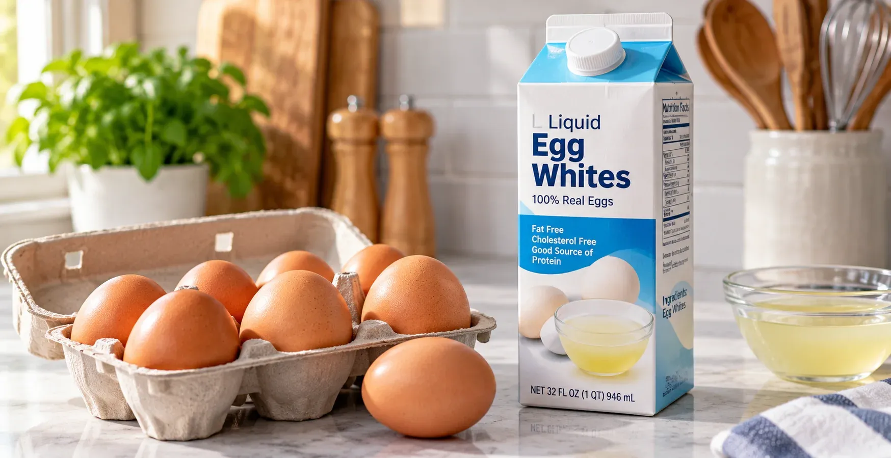 A carton of raw brown eggs next to a carton of liquid egg whites