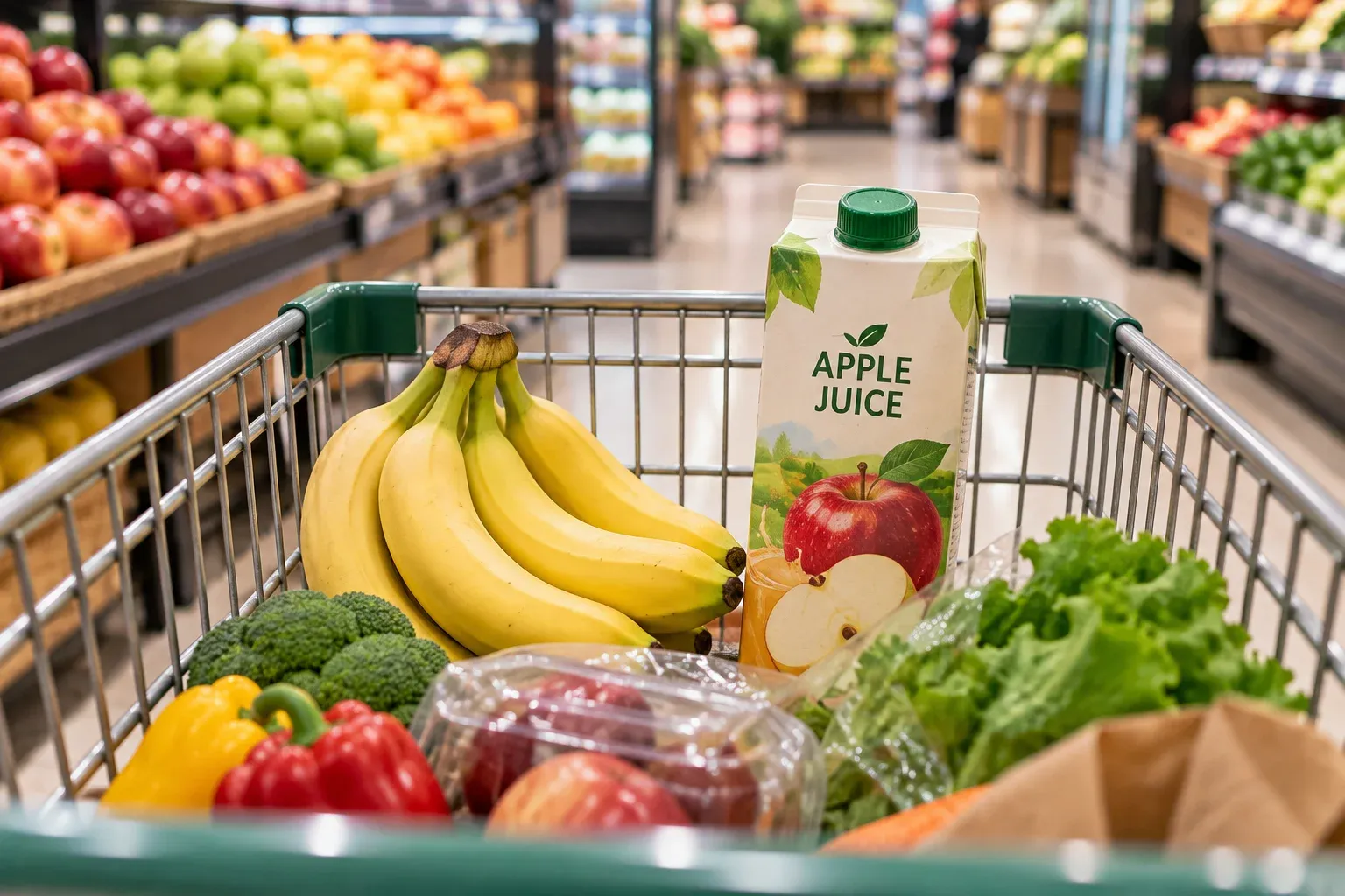 Grocery cart with bananas and apple juice inside