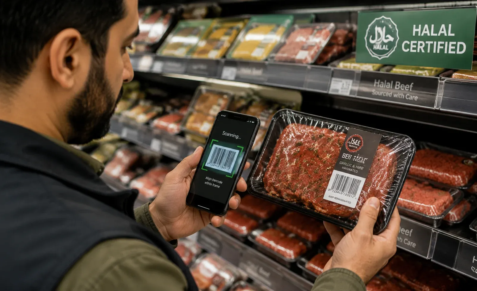 Retailer scanning a packaged beef product barcode with a mobile phone