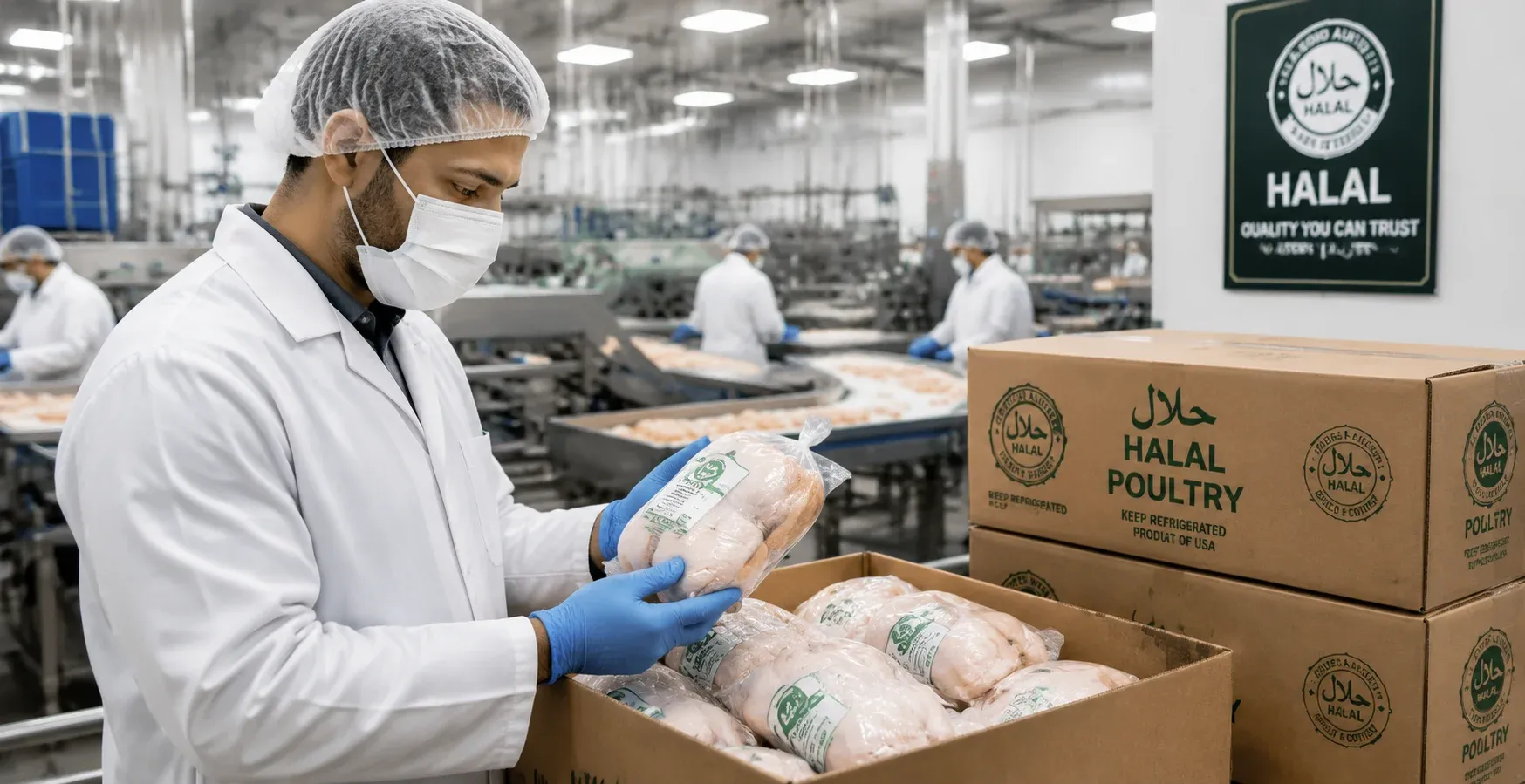Halal meat processing facility worker inspecting packaged wholesale poultry