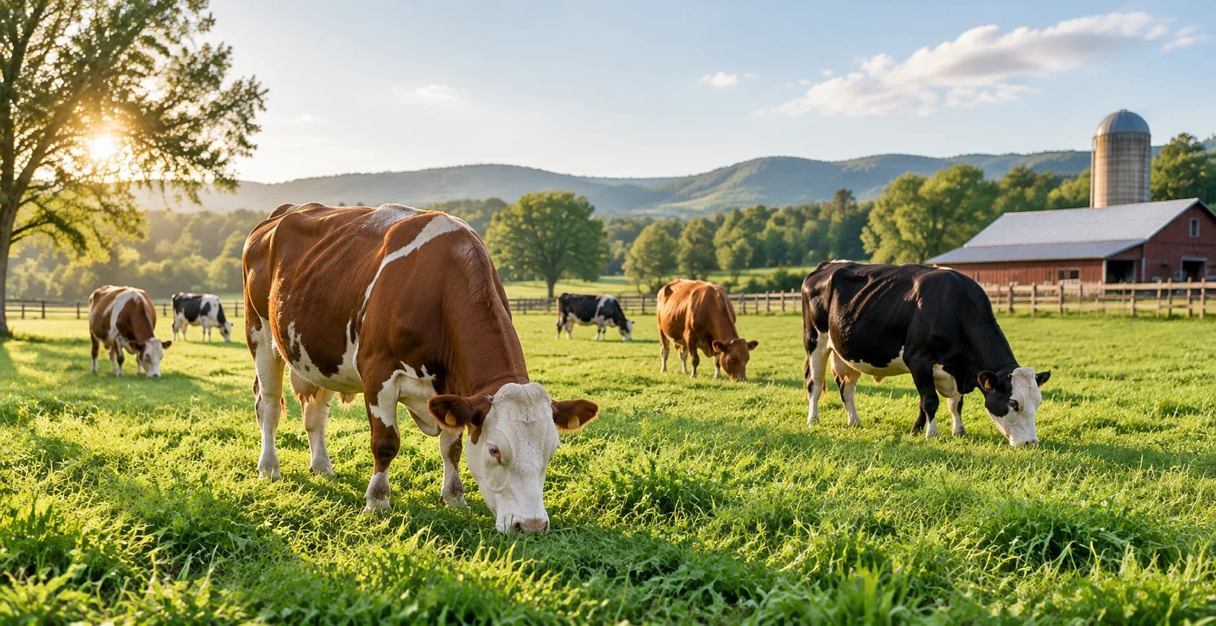 A healthy herd of cattle grazing in an open green pasture
