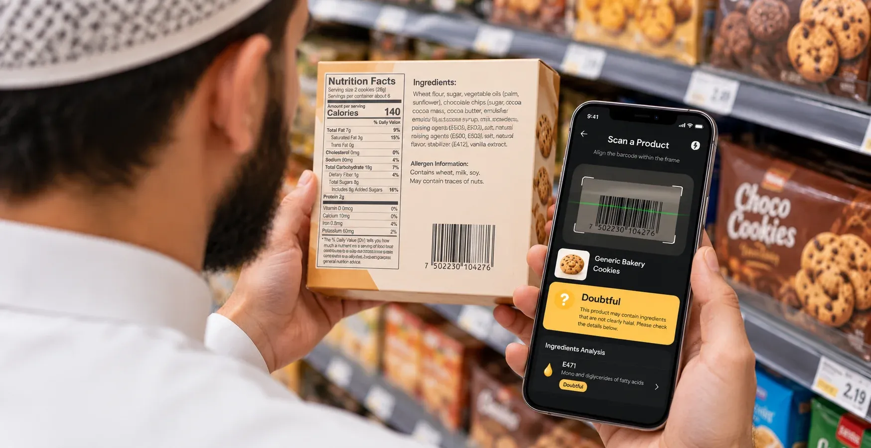 Halal Scanner mobile app interface showing a Doubtful result for an ingredient scan