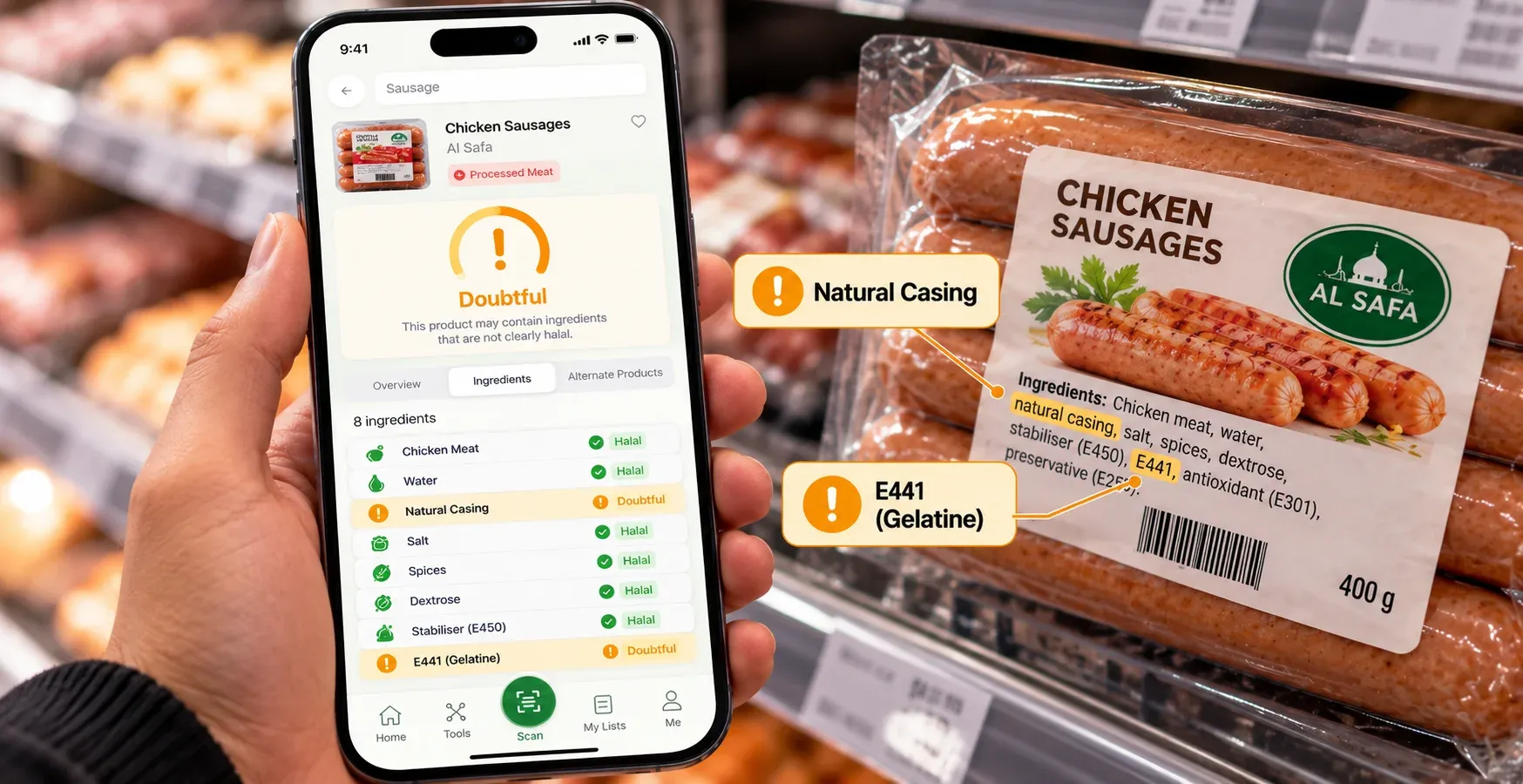 Halal Scanner mobile app interface showing a Doubtful result for a sausage product due to unspecified gelatine