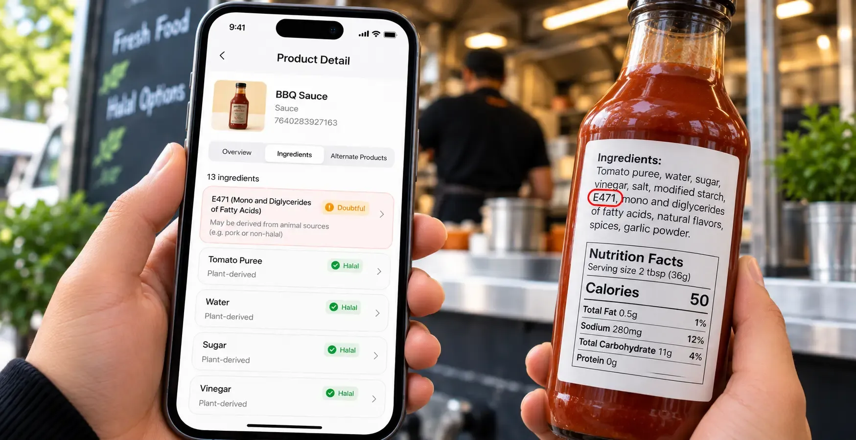Halal Scanner app showing a Doubtful result for a bottled sauce with E471 highlighted