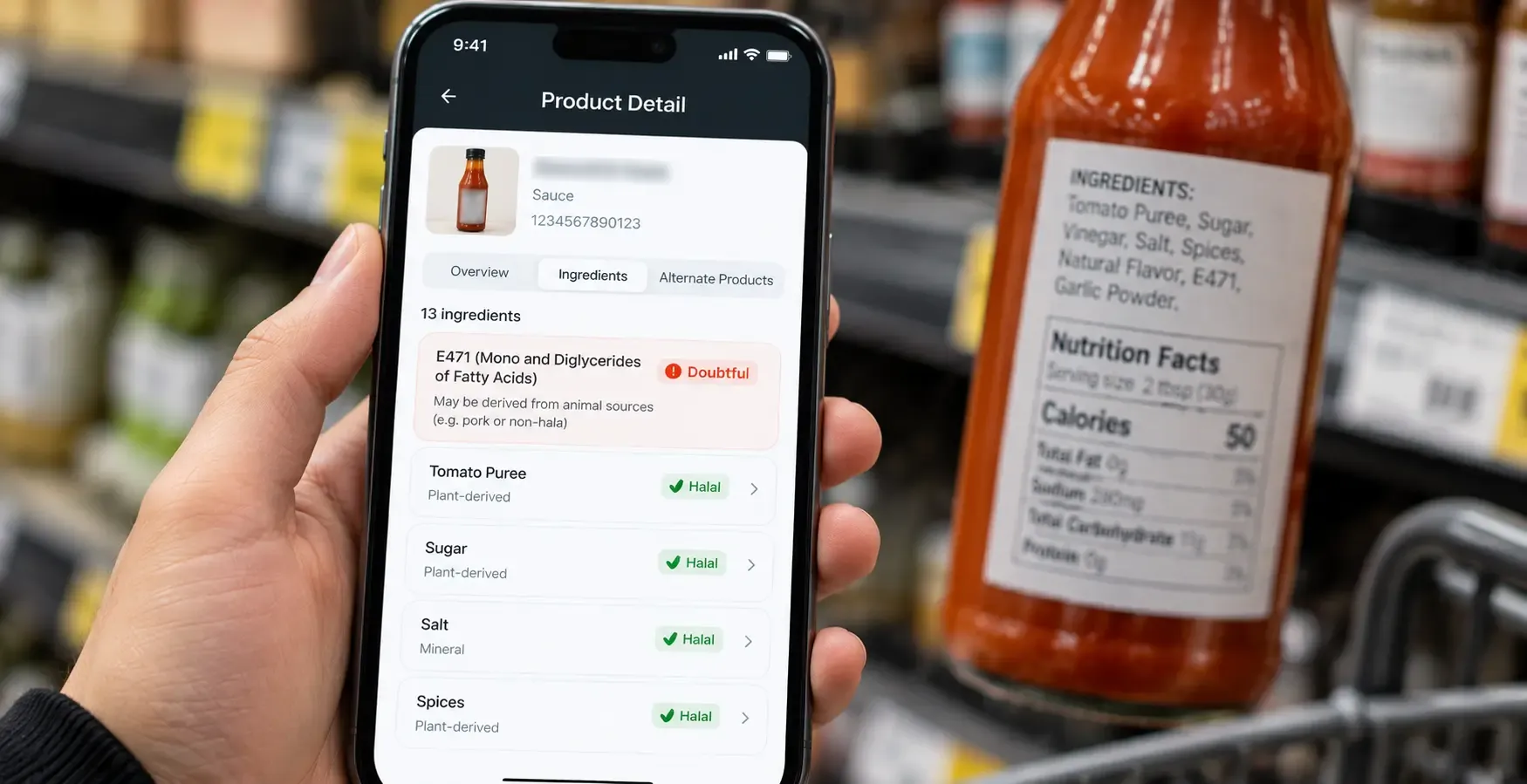 Halal Scanner app result screen showing a Doubtful rating and the ingredient that caused it