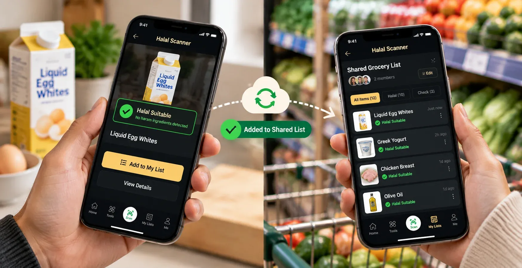 Two phones displaying the Halal Scanner shared grocery list feature syncing in real time