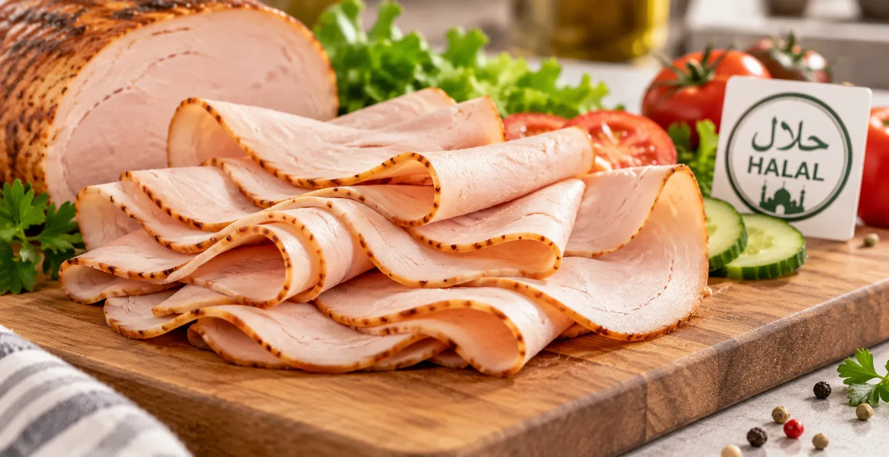 Sliced halal certified turkey ham on a cutting board