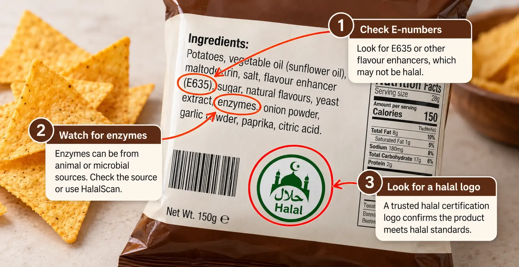 Chip ingredient label with E635, enzymes and a halal certifier logo circled