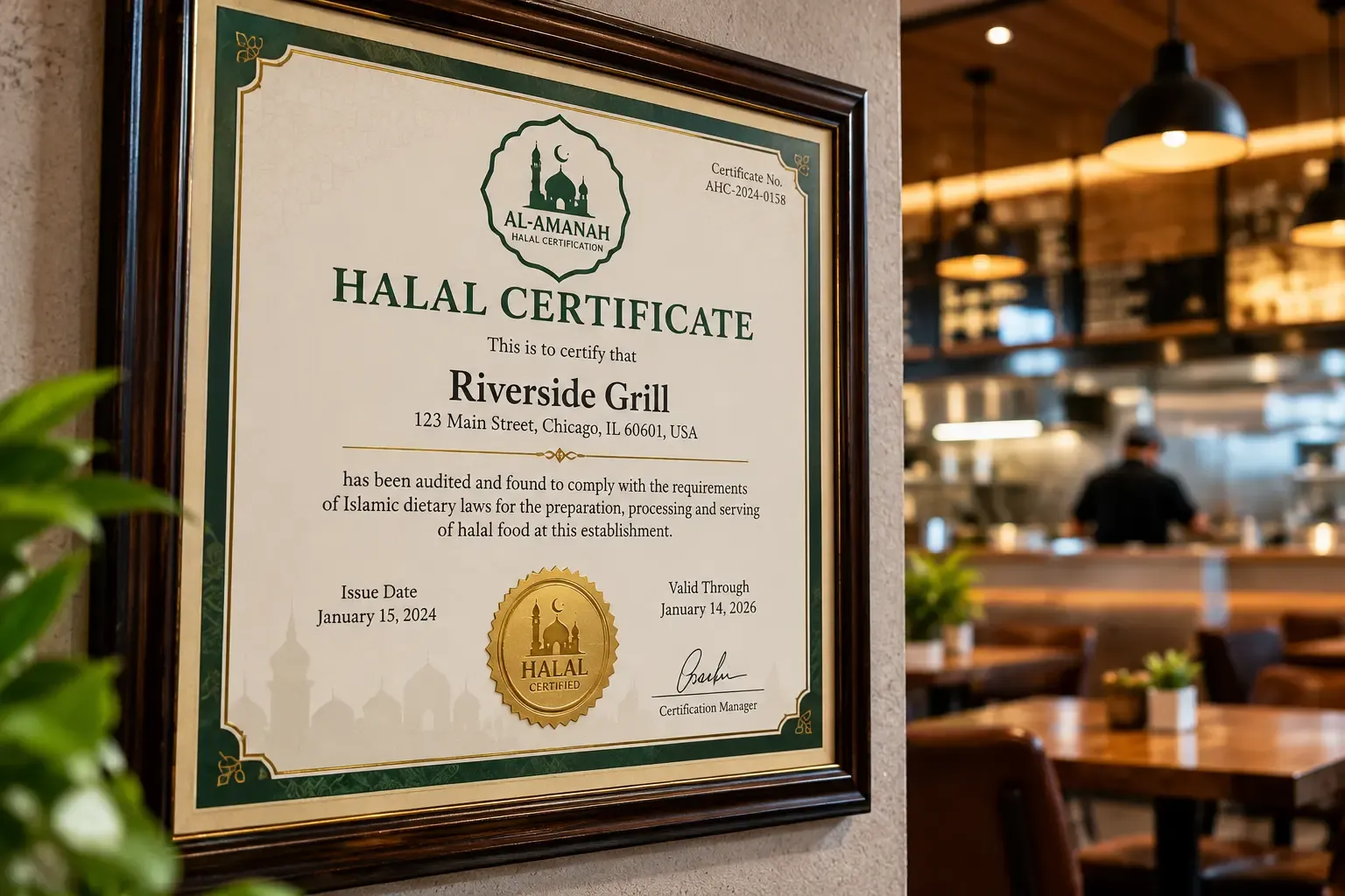 Halal food spread with a shawarma platter, rice and salad on a table in an American city diner