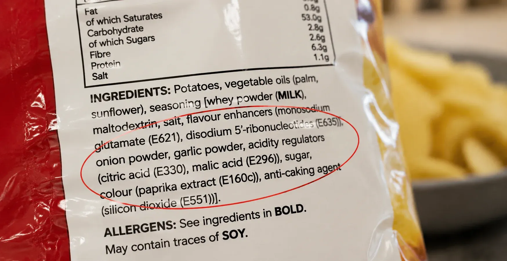 Close up of an imported food ingredients label highlighting E-numbers
