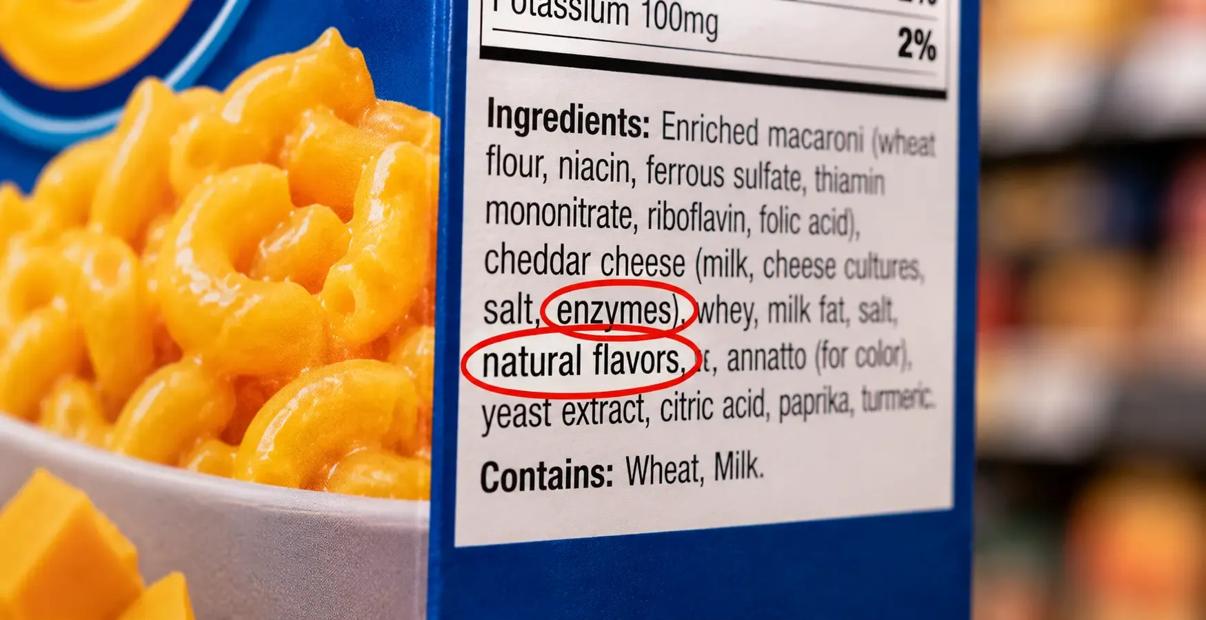 Close up of a nutrition label focusing on enzymes and natural flavors. Filename: mac-and-cheese-ingredients-label