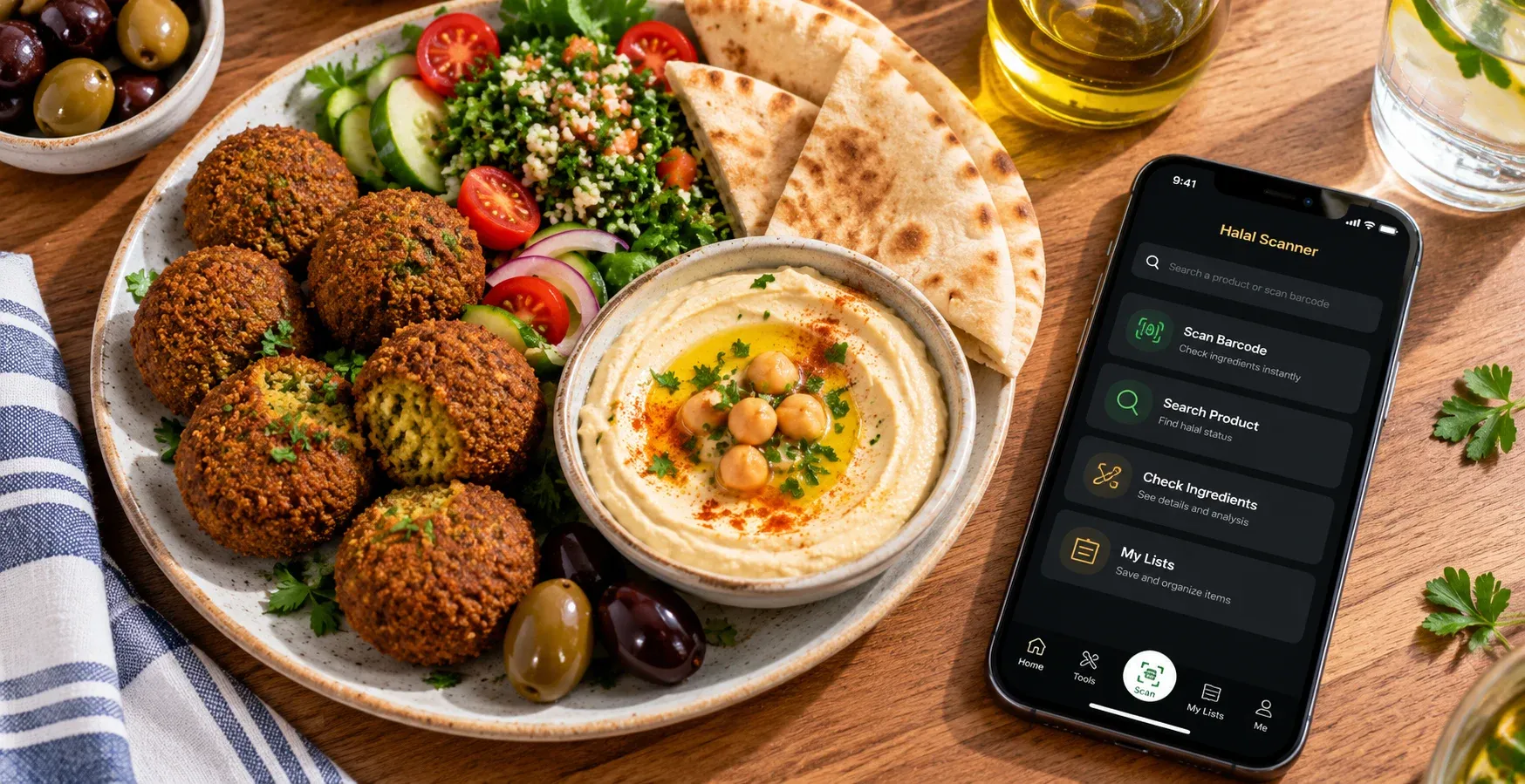 A plate of Mediterranean food including falafel and hummus next to a smartphone