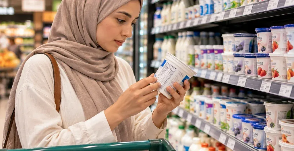 Muslim shopper reading a yogurt ingredient label in a supermarket