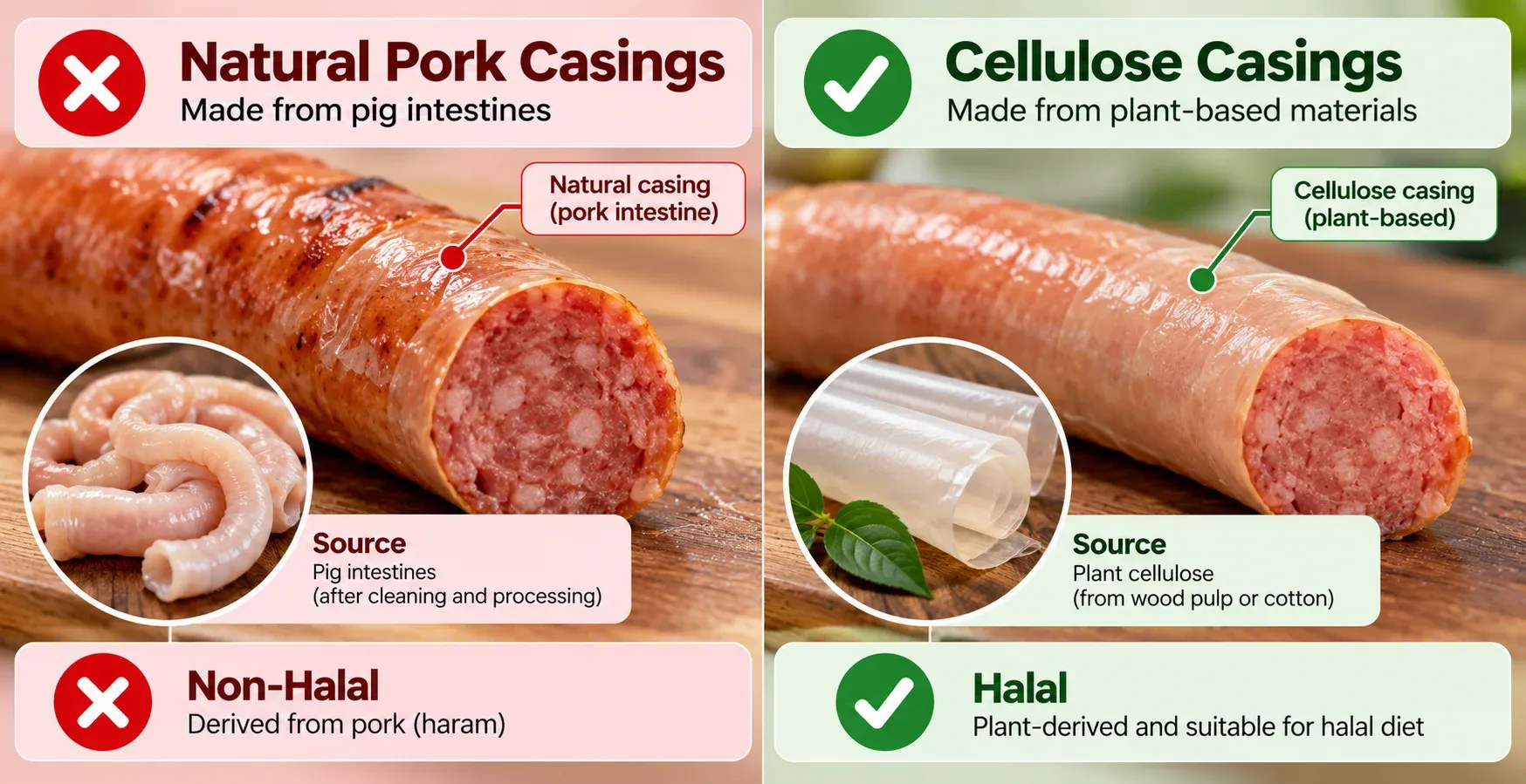 Diagram comparing natural pork casings to artificial cellulose casings used in processed meats