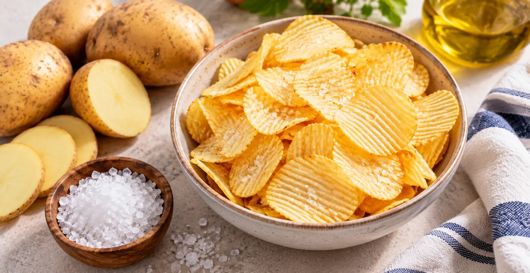 A bowl of plain potato chips next to potatoes and sea salt