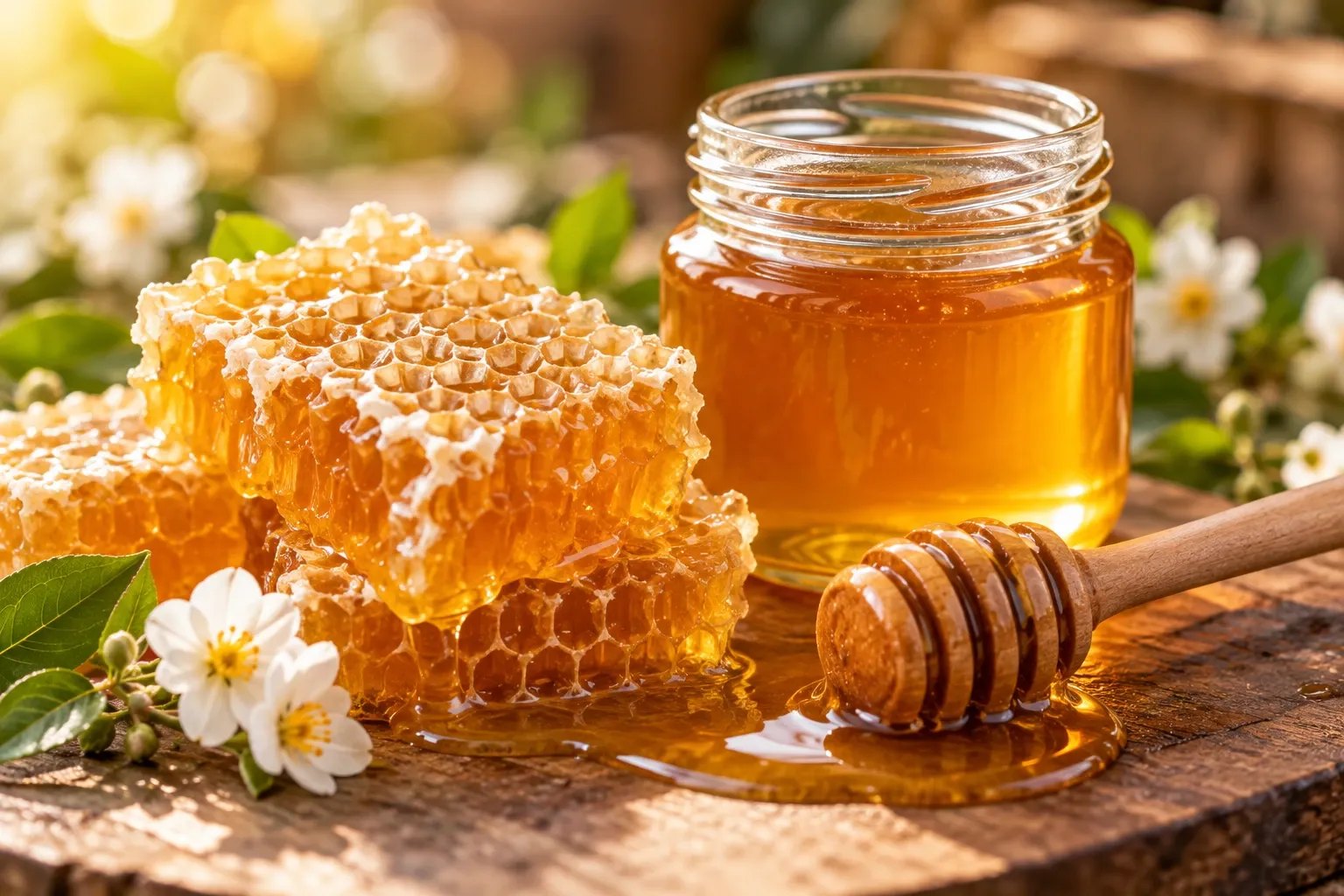 Fresh honeycomb and a wooden dipper resting on a table