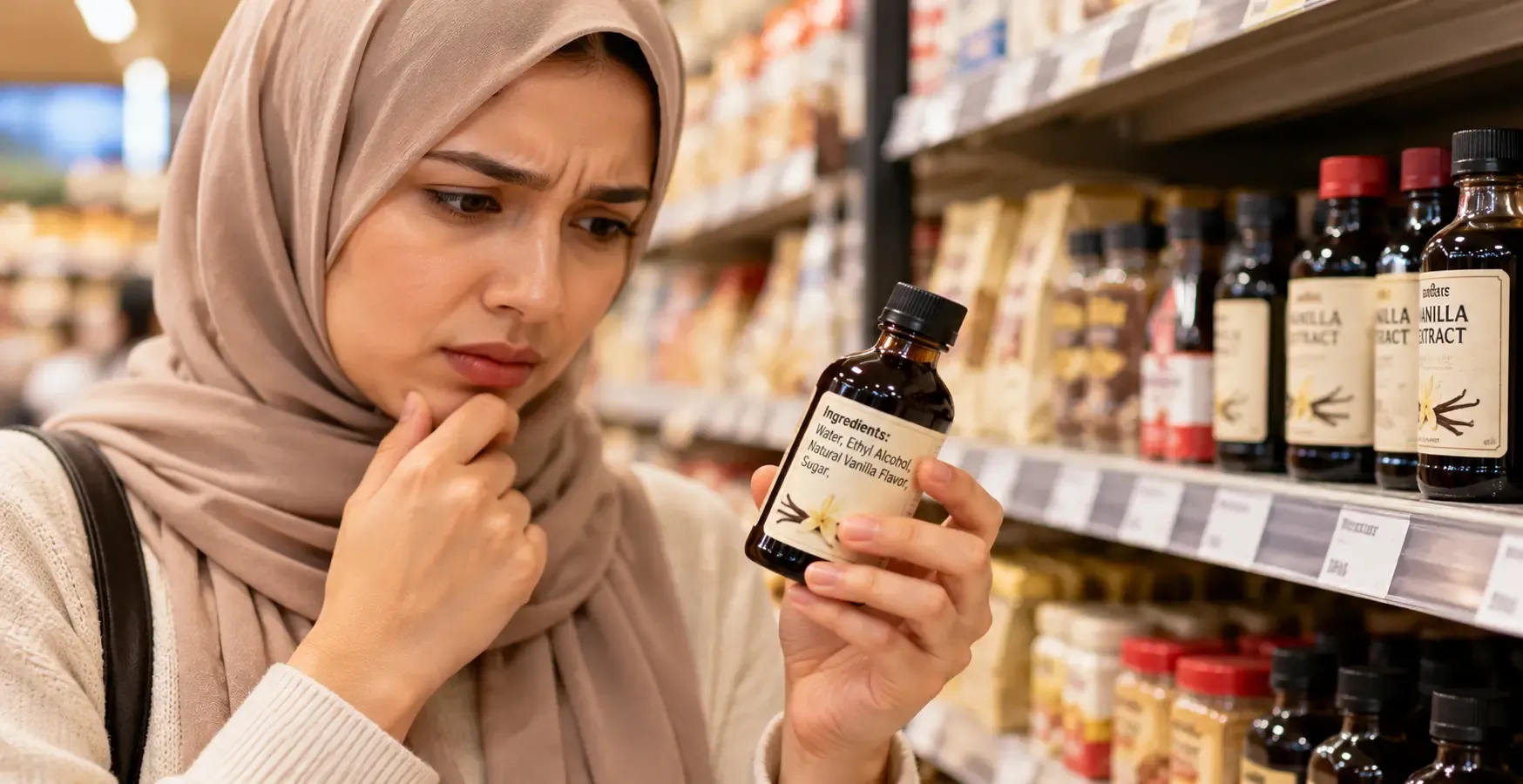 Woman holding a small bottle of vanilla extract looking confused at the ingredients label