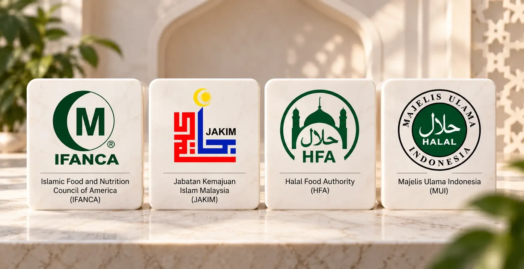 Recognized halal certification logos including IFANCA and JAKIM