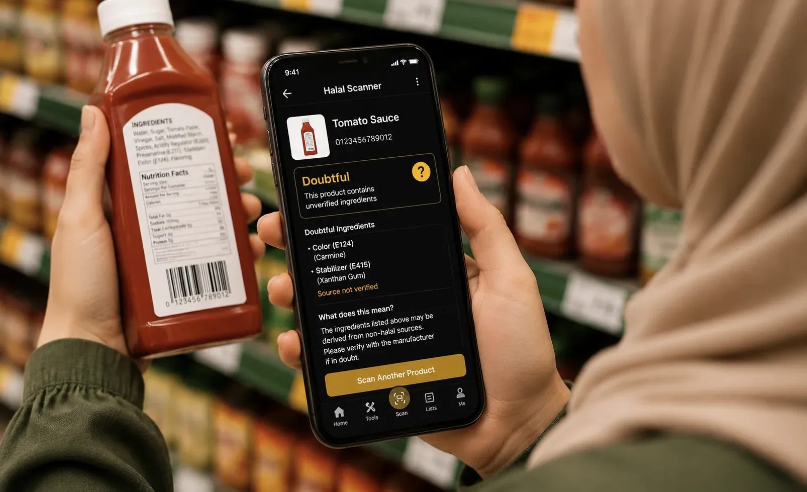 Person holding a smartphone scanning the barcode on a red bottle in a grocery store