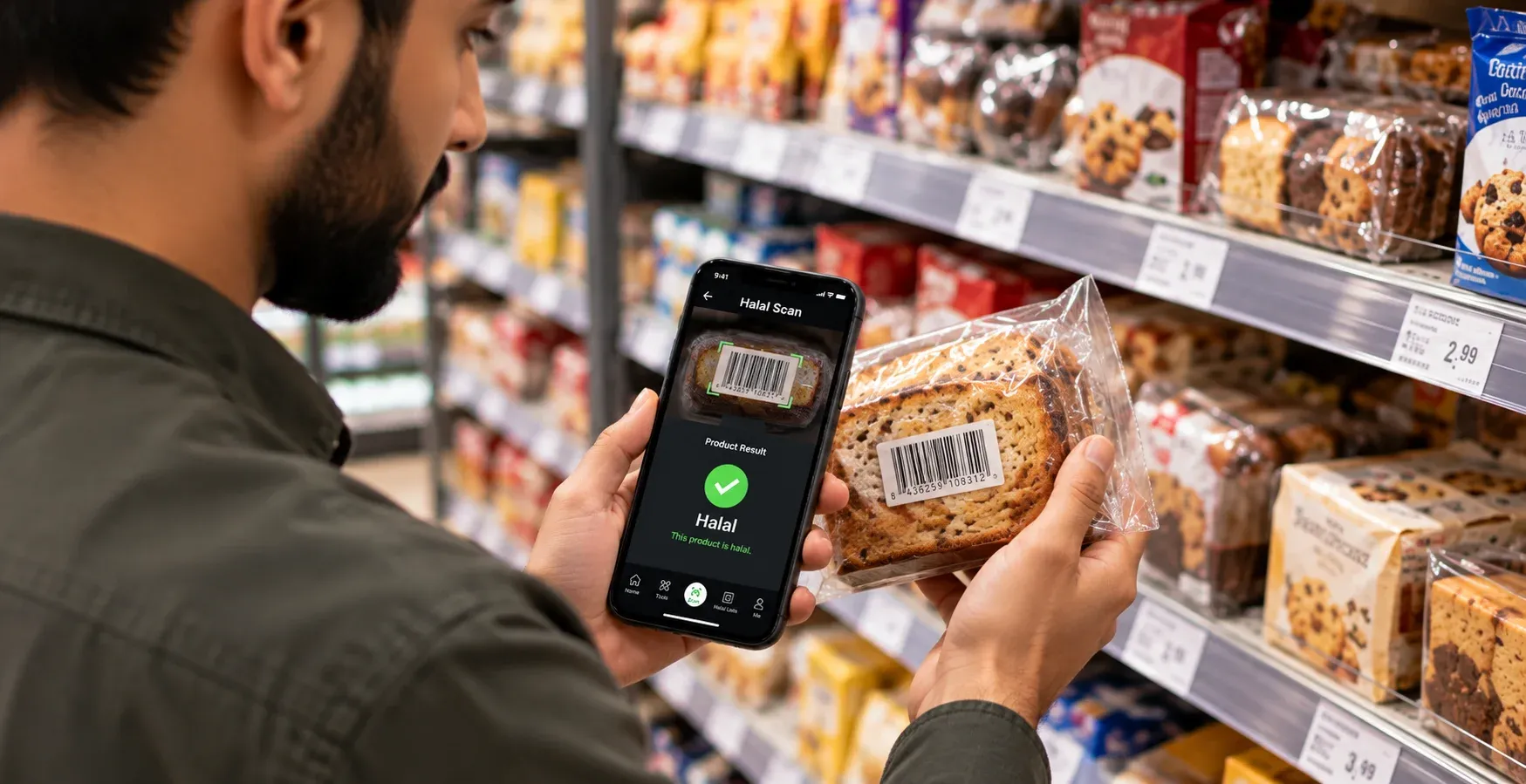 A Muslim shopper scanning a packaged grocery item with a smartphone
