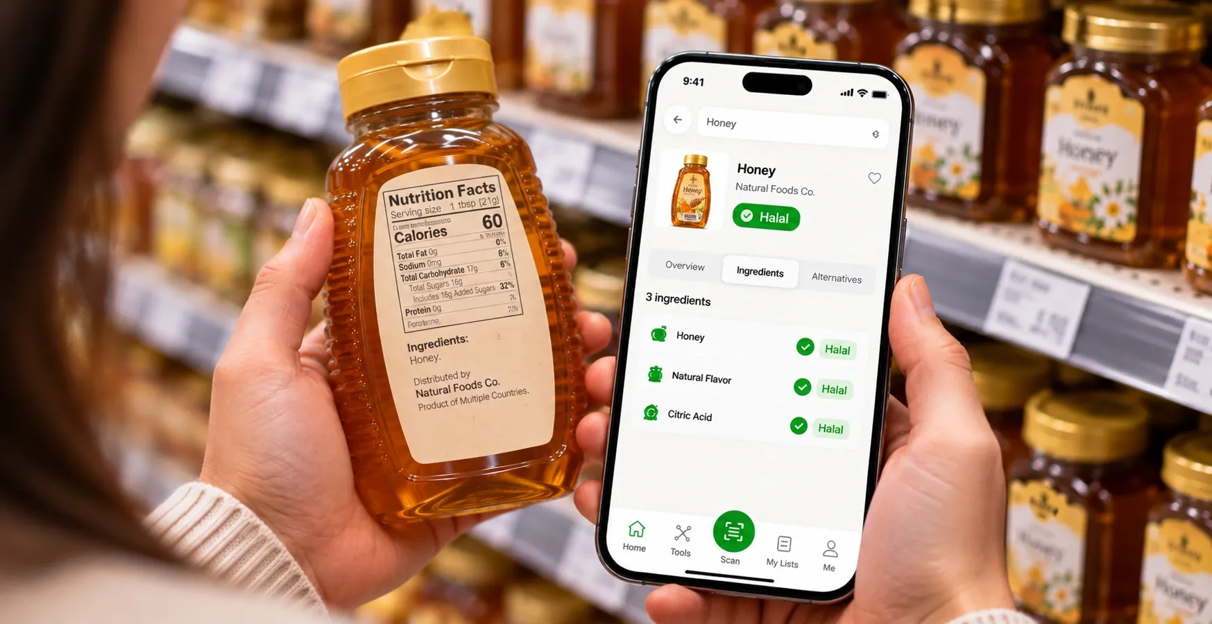 Person scanning a bottle of commercial honey with a smartphone app
