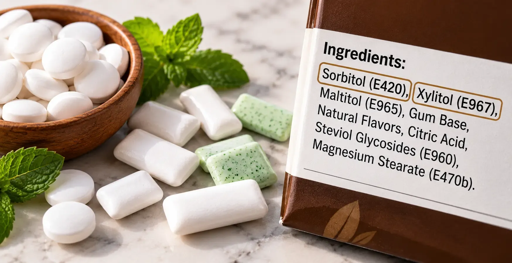 Sugar-free mints and gum beside a label listing sorbitol and xylitol sweeteners