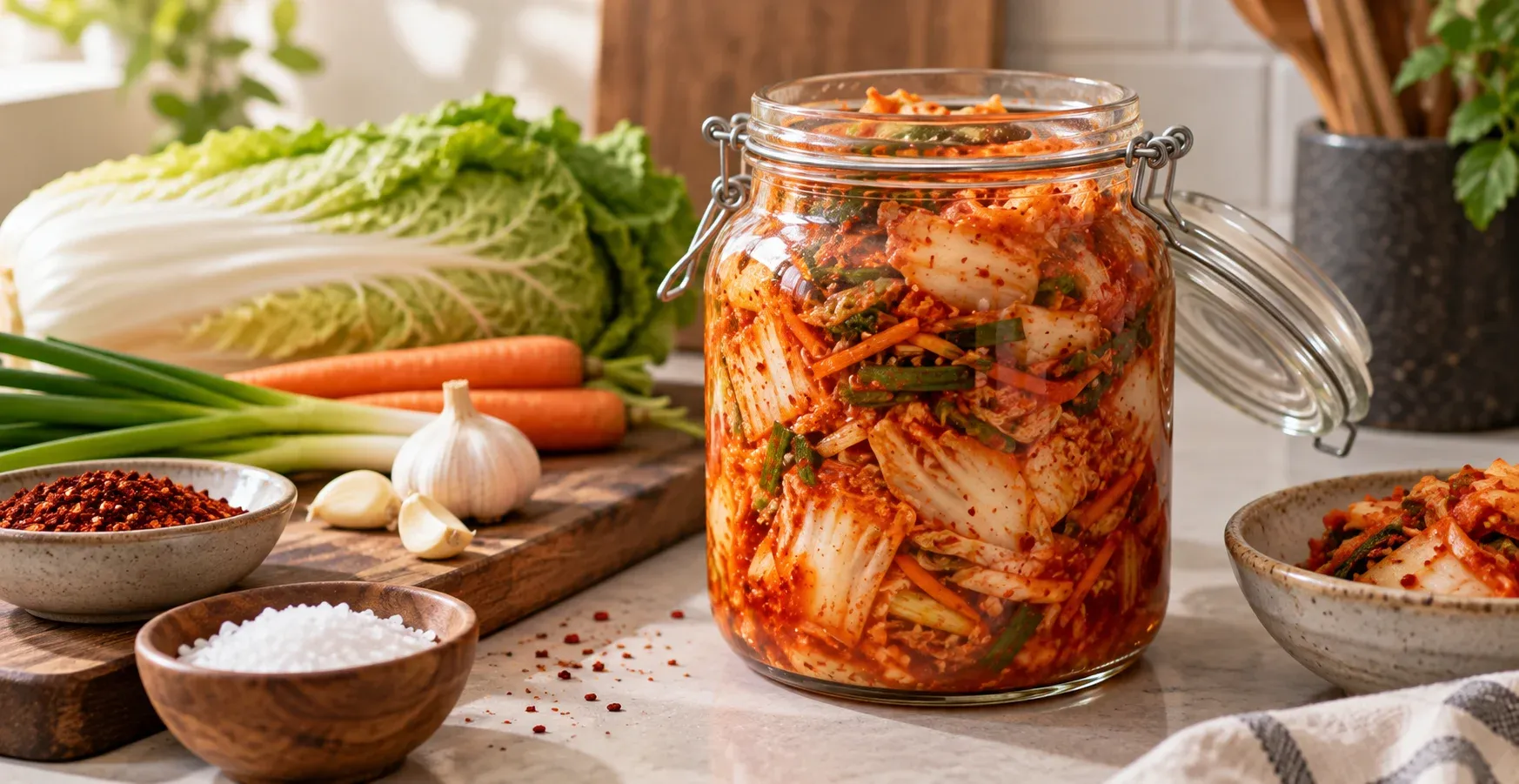 Glass jar of traditional kimchi fermenting on a kitchen counter